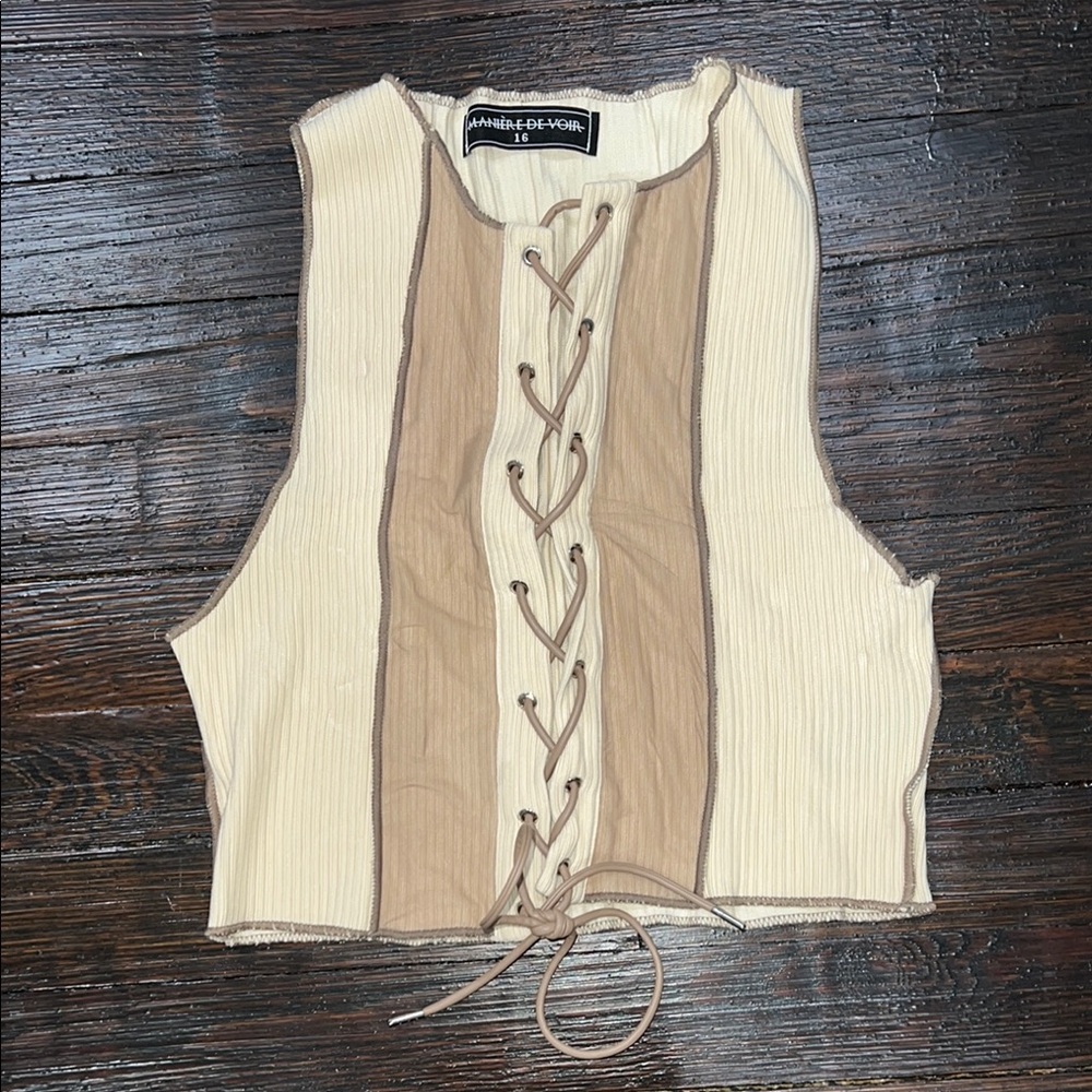Annabelle Beige and Tan Lace-Up Top